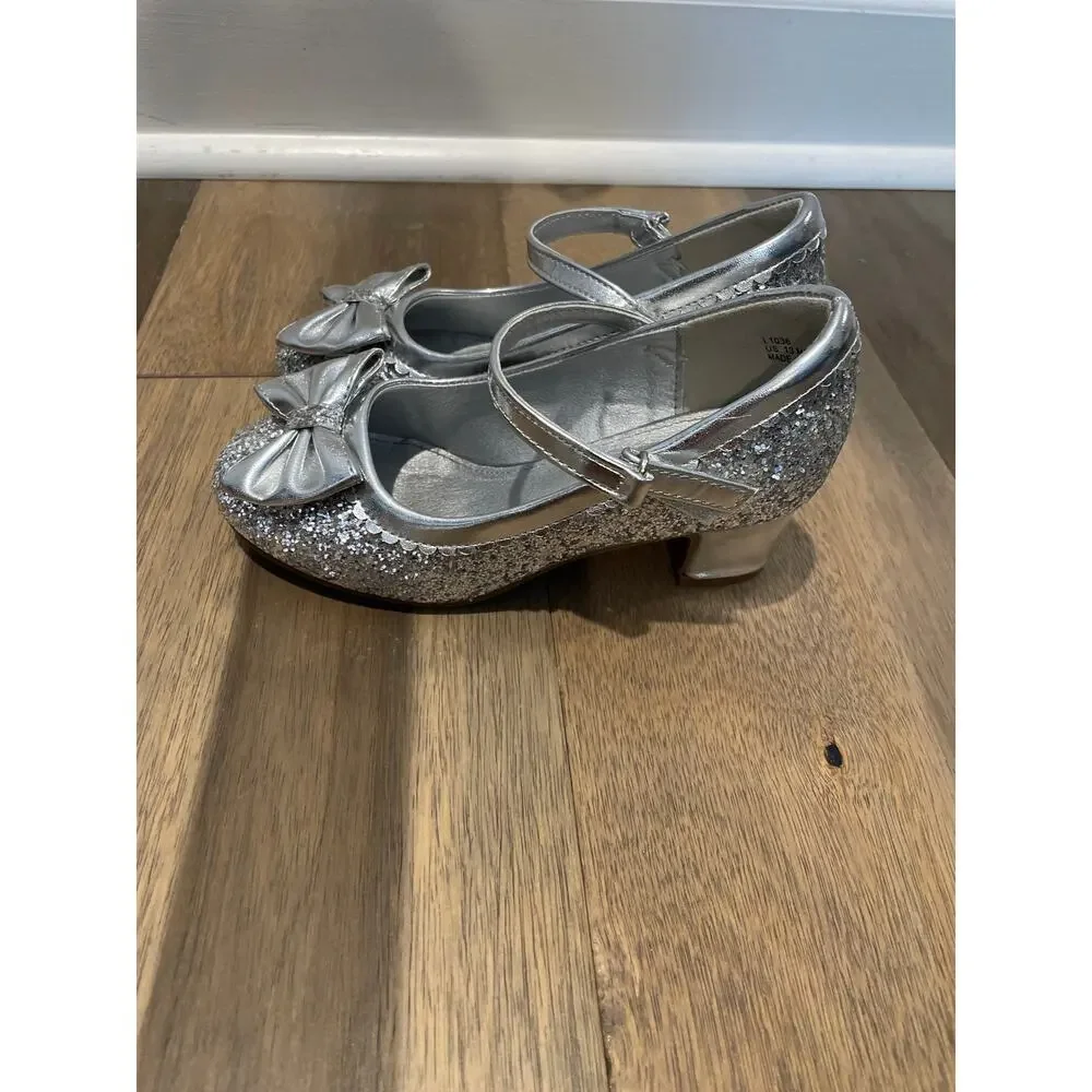 Laurmosa Girls Silver Glitter Mary Jane Shoes Size 13 Low Heel Bow Detail